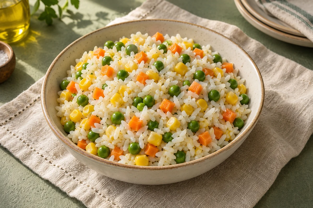 Arroz de colores preparado. Imagen creada con IA.